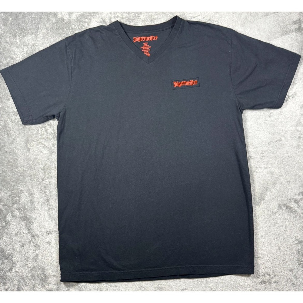 Jagermeister Black XL V Neck T Shirt Embroidered Patch Logo On Back Short Sleeve